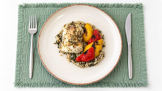 cod fish with spinach rice| roasted bell peppers - Cut Bulk Restcod fish with spinach rice| roasted bell peppers